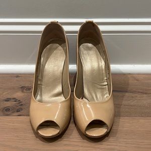 Stuart Weitzman Nude Patent Peep Toe Cork Wedge